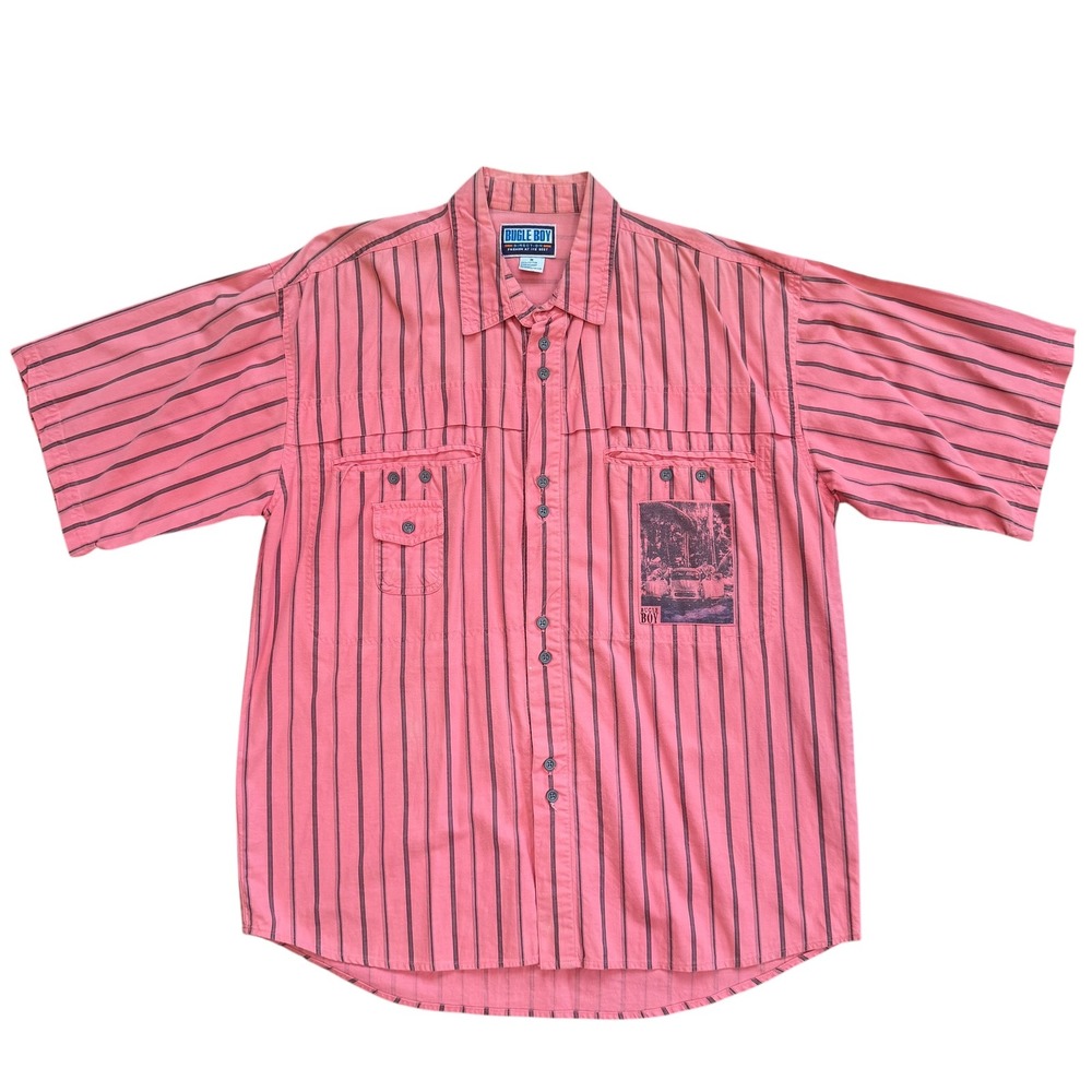 Vintage Bugle Boy Direction Mens Pink Striped Utility Button Down Shirt Medium